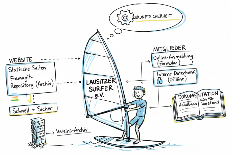 Willi Werkels Planung am Whiteboard: Skizze der Vereins-IT-Architektur.